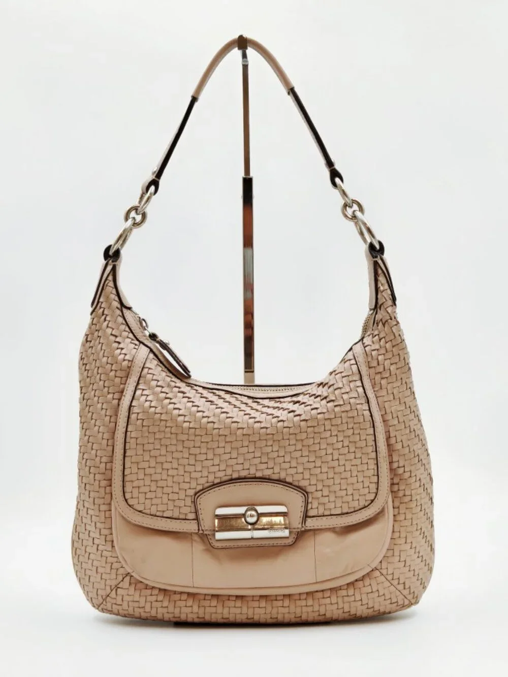 Coach Beige Woven Leather Hobo Shoulder Bag Turnlock Purse